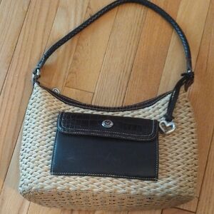 Brighton Straw Shoulder Bag with Brown Croc Leather Trim and Heart Charm